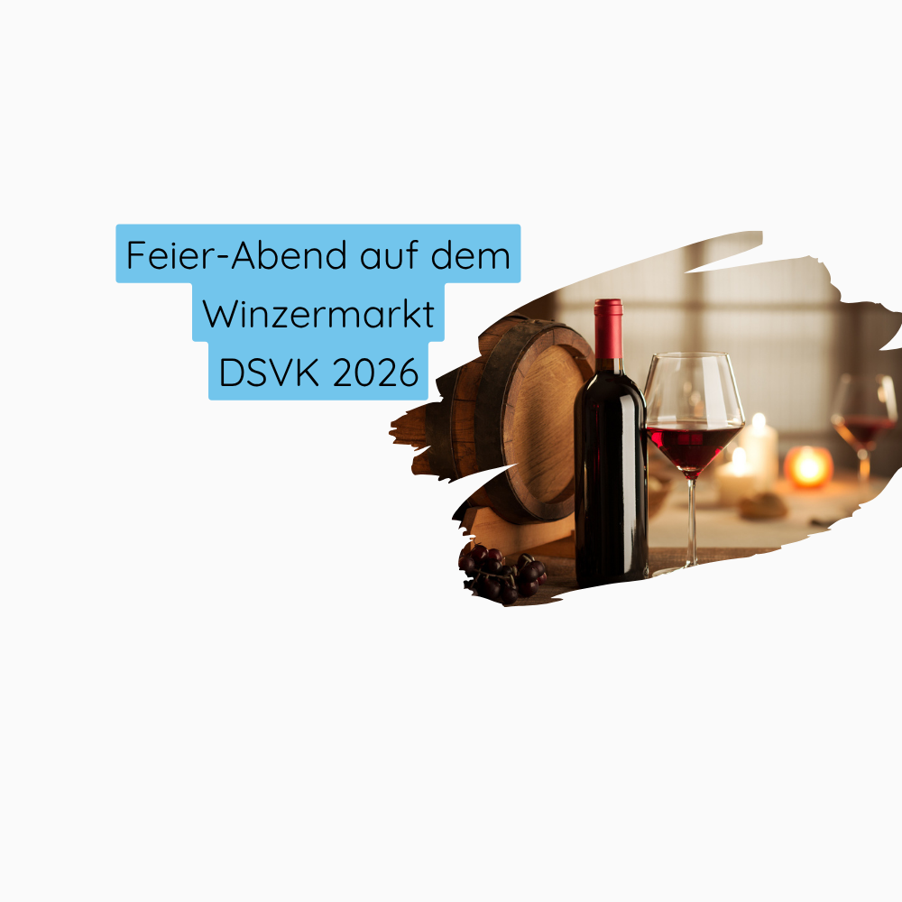 Weinflasche, Weinglas und Holzfass als Symbolbild für den Feier-Abend auf dem Winzermarkt beim DSVK 2026
