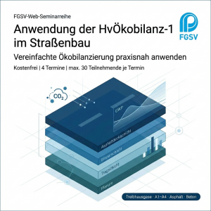 Beitragsbild zur FGSV-Web-Seminarreihe „Anwendung der H vÖkobilanz-1 im Straßenbau“ mit abstrahiertem Schichtmodell einer Straßenbefestigung