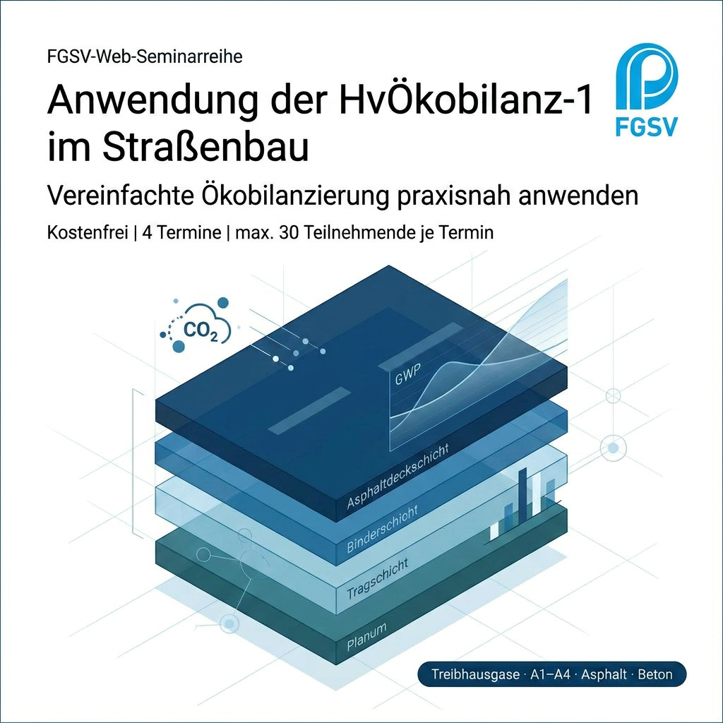 Beitragsbild zur FGSV-Web-Seminarreihe „Anwendung der H vÖkobilanz-1 im Straßenbau“ mit abstrahiertem Schichtmodell einer Straßenbefestigung