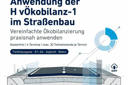 Beitragsbild zur FGSV-Web-Seminarreihe „Anwendung der H vÖkobilanz-1 im Straßenbau“ mit technischem Straßenquerschnitt und Diagrammelementen